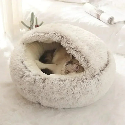 Long Soft Plush Round Cat Bed Comfortable Warm For Small Dogs Winter Sleep Bag Cats Nest Round Semi Enclosed Plush Pet Cat Bed