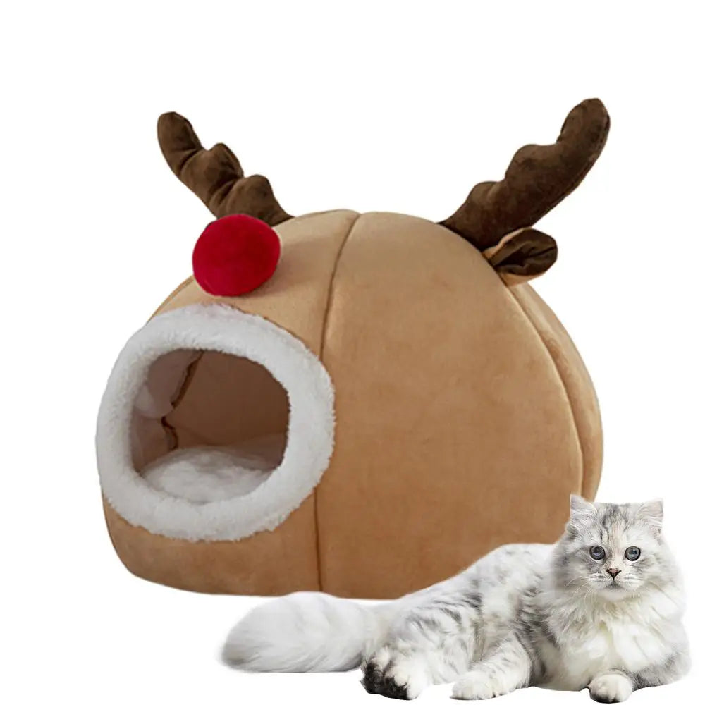 Christmas Winter Cat Cave Bed Dog Tent Christmas Reindeer Tent Washable Removable Cushion for Indoor Small Dogs And Cats