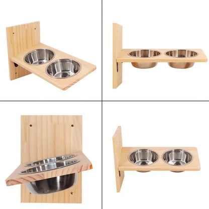 4 Pieces Wooden Wall Mounted Cat Bowl with Small Cat Jumping Pedal for Kitten Climbing and Eating Indoor Pet Furniture