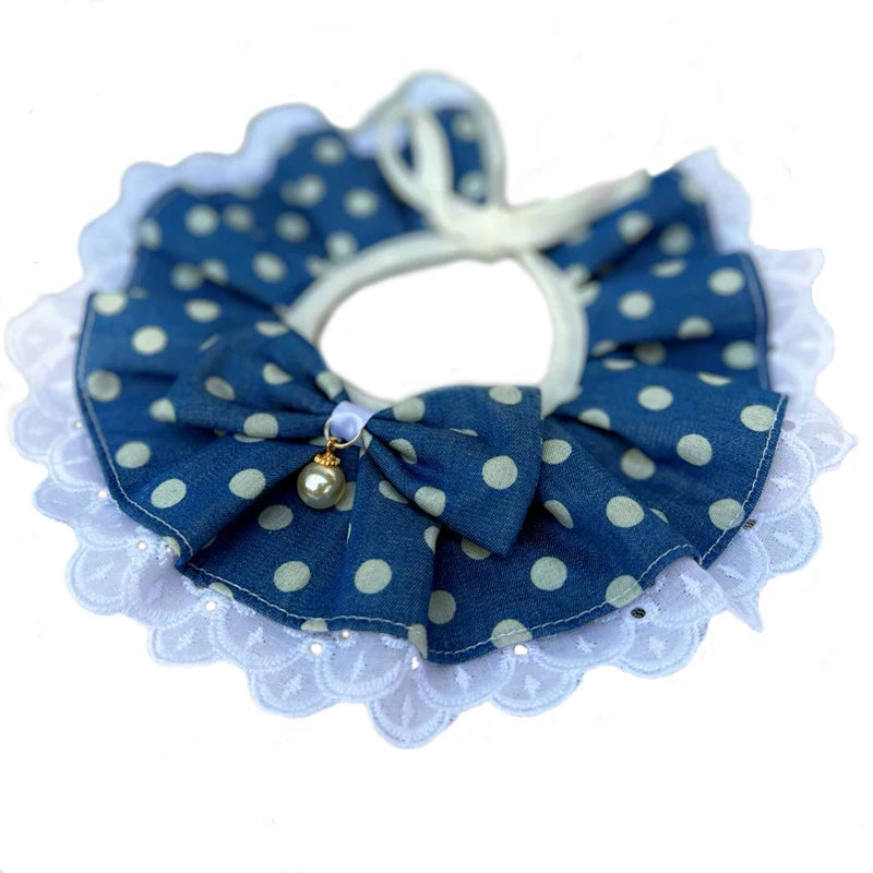 Puppy Cat Scarf  for Cats, Hairless Cat Lace Bibs with Pearl Bows Neck Strap, Pet Costume Accessories Plaid Dots Floral Pattern