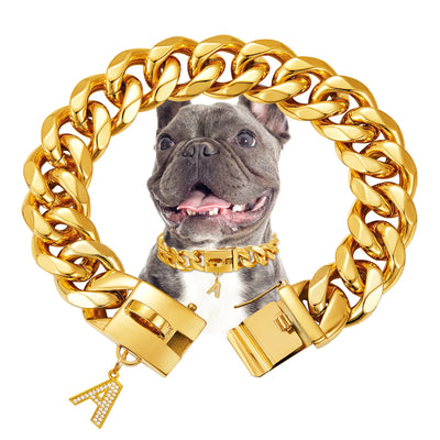 Gold Dog Chain Collar with Pendant A 15/19mm Wide Cuban Link Strong Stainless Steel Chew Proof Collar for Small Medium Large Dog