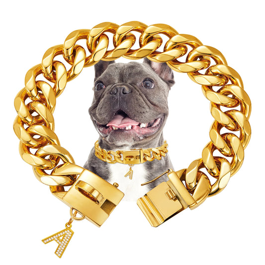 Gold Dog Chain Collar with Pendant A 15/19mm Wide Cuban Link Strong Stainless Steel Chew Proof Collar for Small Medium Large Dog