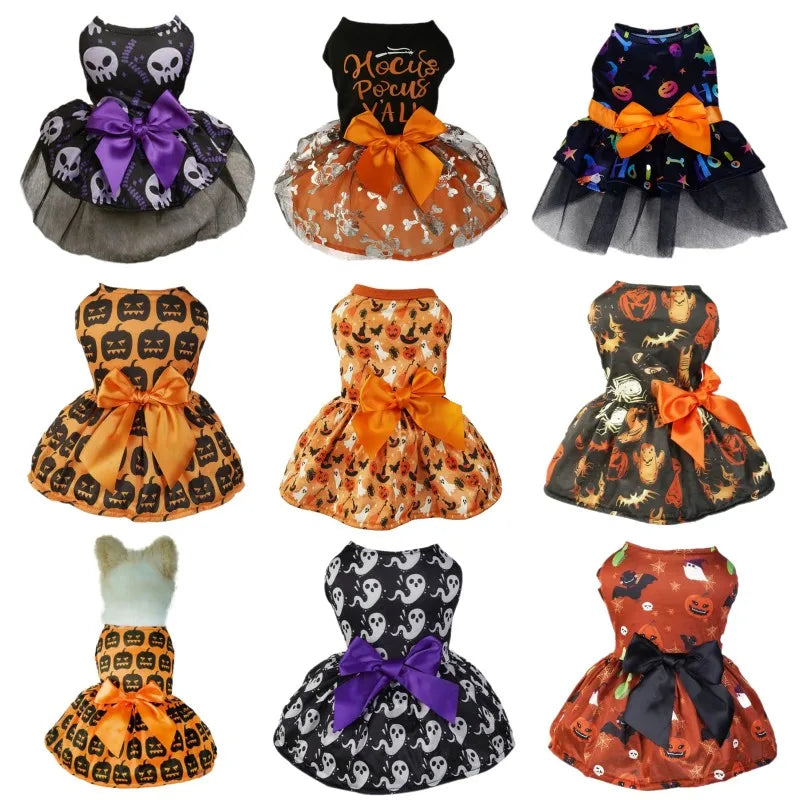 Halloween Dog Costume Funny Dog Clothes Pumpkin Print Pet Dress Chihuahua Bichon Clothing Bow Lace Festival Skirt Cat Dresses