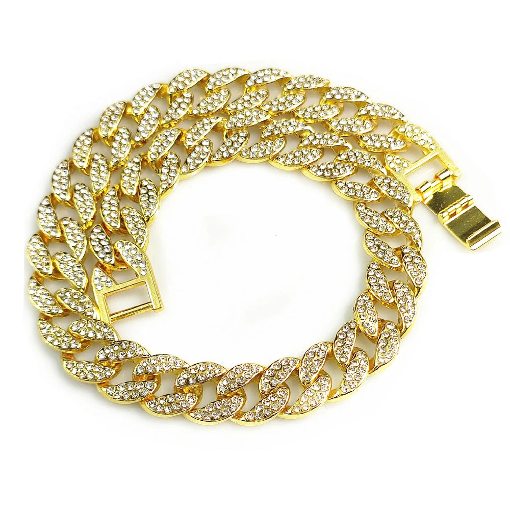 Luxury Design Cuban Chain Dog Collar with Quick Buckle for Small Medium Large Dogs Cats 15MM Gold Chain Pet Necklace Jewelry