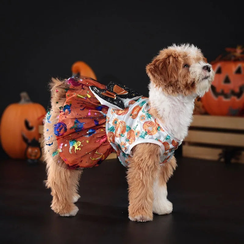 Halloween Dog Dress Pumpkin Pattern Bowknot Funny Skirt Chihuahua Bichon Dog Dresses Festival Puppy Costume Pet Cat Dog Clothes