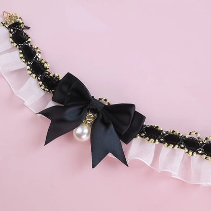 Romantic Summer Dog Collar Bow Tie Pearl Lace Party Cat Necklace for Small Puppy Luxury Designer Chihuahua Pet Neck Accessories