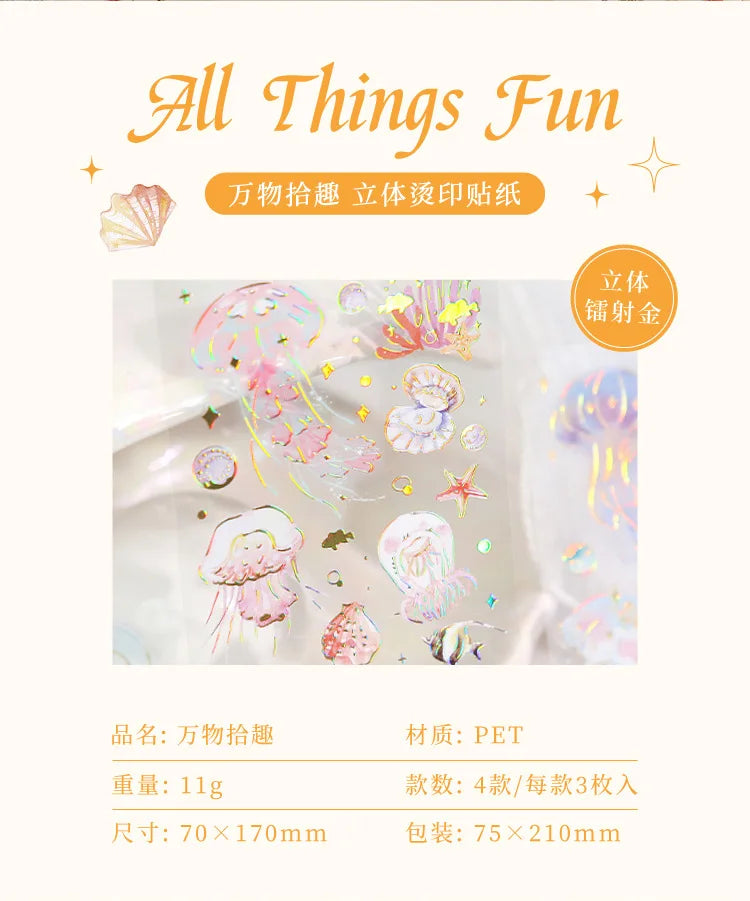 3pcs Kawaii Feather Dragonfly Bird Jellyfish Decorative Stickers Pack Scrapbooking Material Label Diary Phone Journal Planner