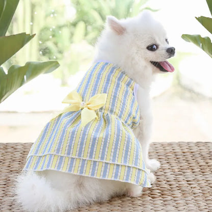 Bow Tie Decorate Dog Fancy Dress Stripes and Lattice Pink Pet Skirt Sleeveless Girl Wedding Party Pet Skirt Clothing for Cats