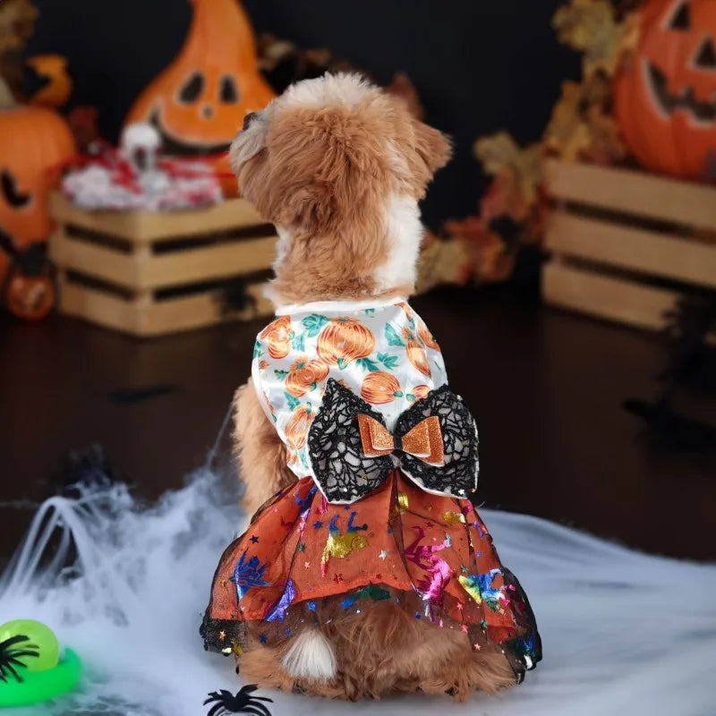 Halloween Dog Dress Pumpkin Pattern Bowknot Funny Skirt Chihuahua Bichon Dog Dresses Festival Puppy Costume Pet Cat Dog Clothes