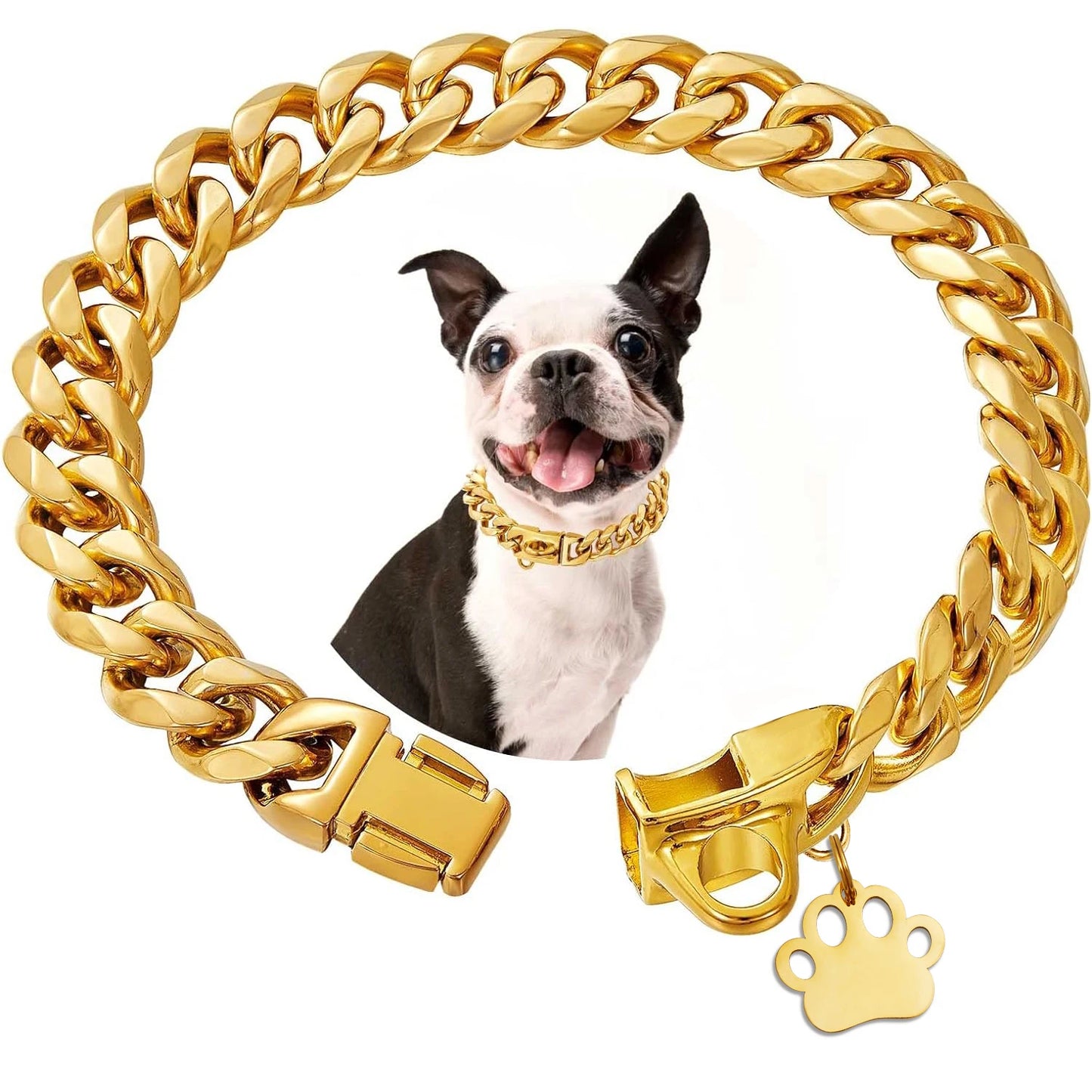 Heavy Duty Dog Chain Collar with Dog Paw Pendant 15MM Wide Stainless Steel Metal Cuban Link Chain Collar for Small Medium Dogs