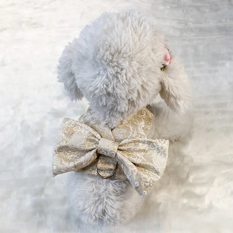 Luxury Embroidery Tulle Dog Dress for Small Medium Dogs Cats, Gold Pet Dress with Bowknot Chihuahua Pomeranian Summer Clothes