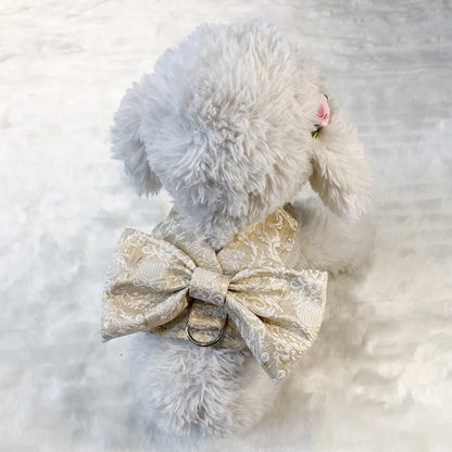 Luxury Embroidery Tulle Dog Dress for Small Medium Dogs Cats, Gold Pet Dress with Bowknot Chihuahua Pomeranian Summer Clothes
