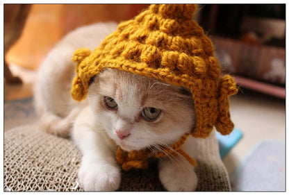 Winter Cosplay Buddha Pet Dog Hat Ginger Ear Protective Head Wear for Small Puppy New Year Lace Up Yorkshire Cat Accessories