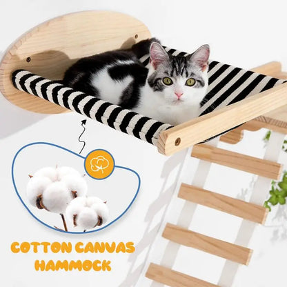 Wall Mounted Cat Tree Cat Climbing Wooden Shelves Climbing Hammock Set Scratching Post and Ladder for Cats Playing and Sleeping