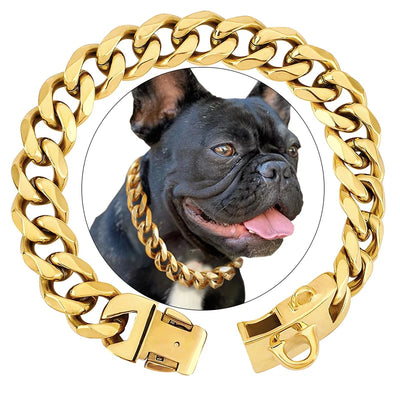 19MM Chew Proof Gold Dog Chain Collar Stainless Steel  Collars with Solid Buckle Pet Chains for Large Dogs