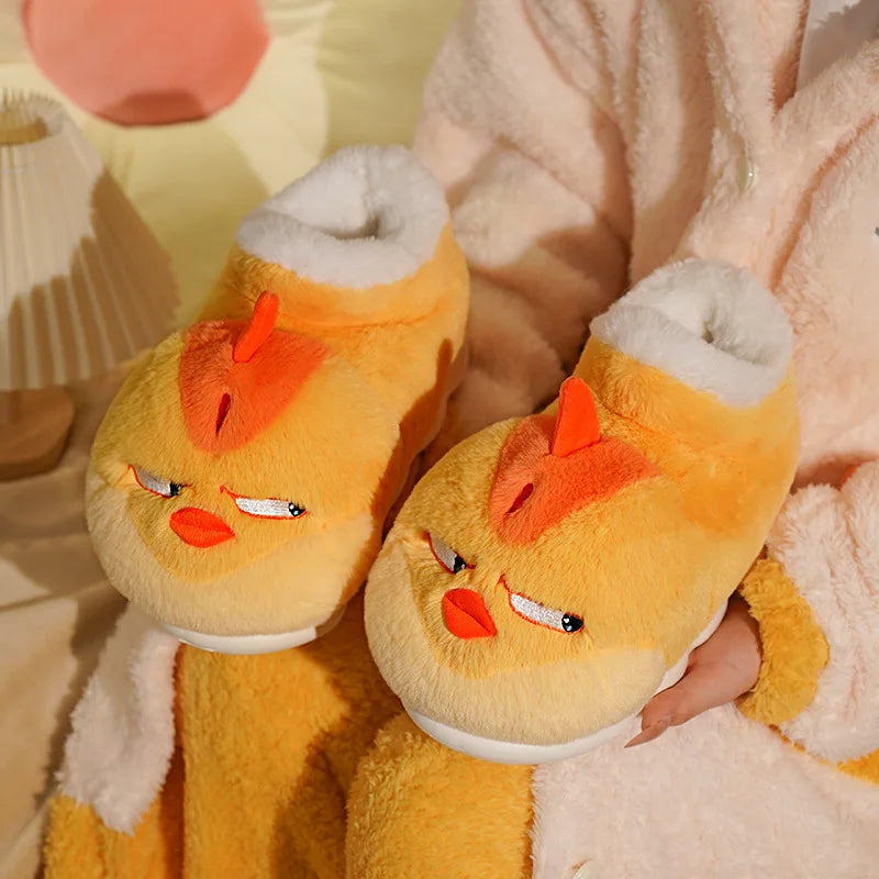 Women New Cute Cartoon Indoor Slippers Female Funny Yellow Chicken Winter Warm Fluffy Shoes Couples Home Floor Cotton Slippers