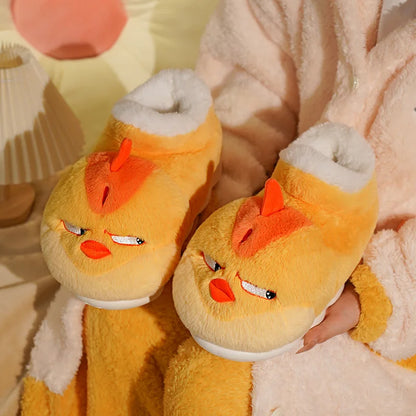 Women New Cute Cartoon Indoor Slippers Female Funny Yellow Chicken Winter Warm Fluffy Shoes Couples Home Floor Cotton Slippers