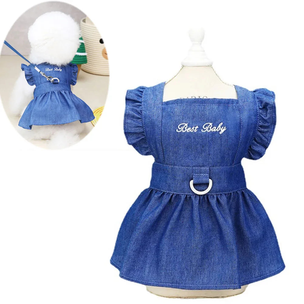 Dog Dress for Small Dogs Girl Clothes Dog Denim Dress Puppy Skirts Summer Pet Dress with Harness Hole for Small Medium Dogs Cats