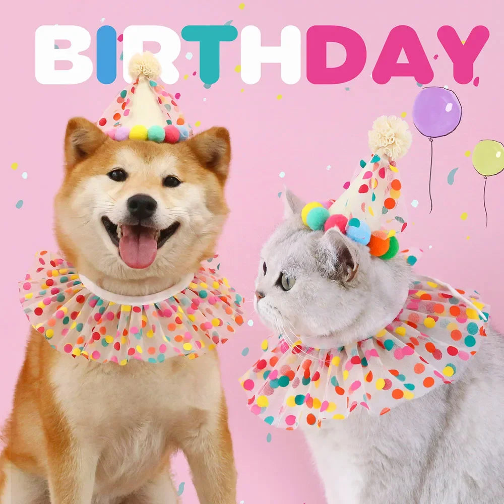 Pet Birthday Accessories Small Dog Cat Birthday Hat with Bandana Collar Pet Birthday Decorations for Kitten Pet Party Outfits