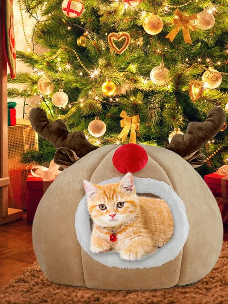 Christmas Winter Cat Cave Bed Dog Tent Christmas Reindeer Tent Washable Removable Cushion for Indoor Small Dogs And Cats