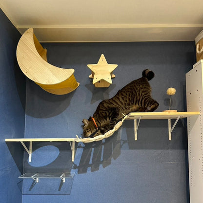Wall Mounted Cat Bridge Cat Hammock with Wood Stairway or Scratching Post for Cats Perch and Playing Cat Indoor Playground