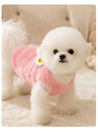 Solid Pink Fluffy Pet Dog Winter Clothes Flower Decorate Breathable Warm Cat Overalls Unisex Yorkshire Autumn Small Puppy Vests