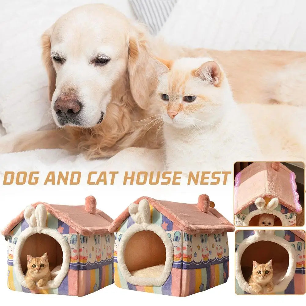 Cute Luxury Cat Villa Cat Bed Winter Warmth Fully Enclosed Removable Cushion Pillow Cat Tent Cat Dog Pet Nest Girl Pink PP Cotto