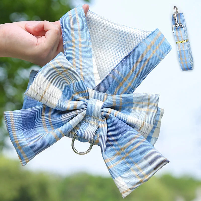 Pet Jk Plaid Dress Dog Harness and Leash Set Bow Skirt Kitten Puppy Vest Luxury Dog Clothes Chihuahua Dog Outfits Bichon Items