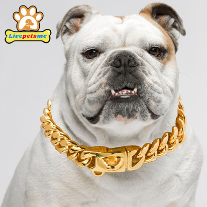 Stainless Steel 18K Gold Dog Collar, Wide Pet Choker, Metal Dog Necklace, Pet Supplies, Accessories for Dogs, 14mm