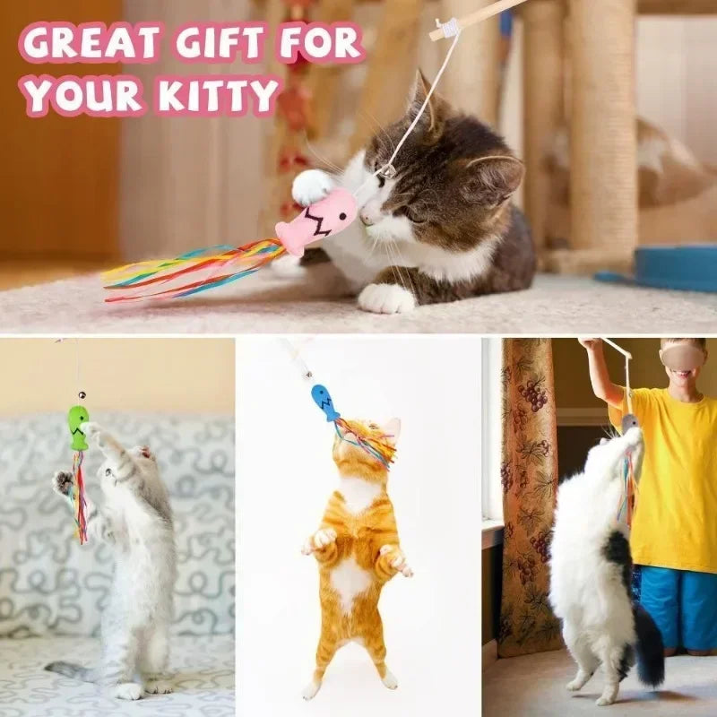 Fashion Cat Wand Toy, Natural Wooden Cat Teaser Wand for Cat, Interactive Elastic String Cat Stick Pole Toy for Indoor Cats