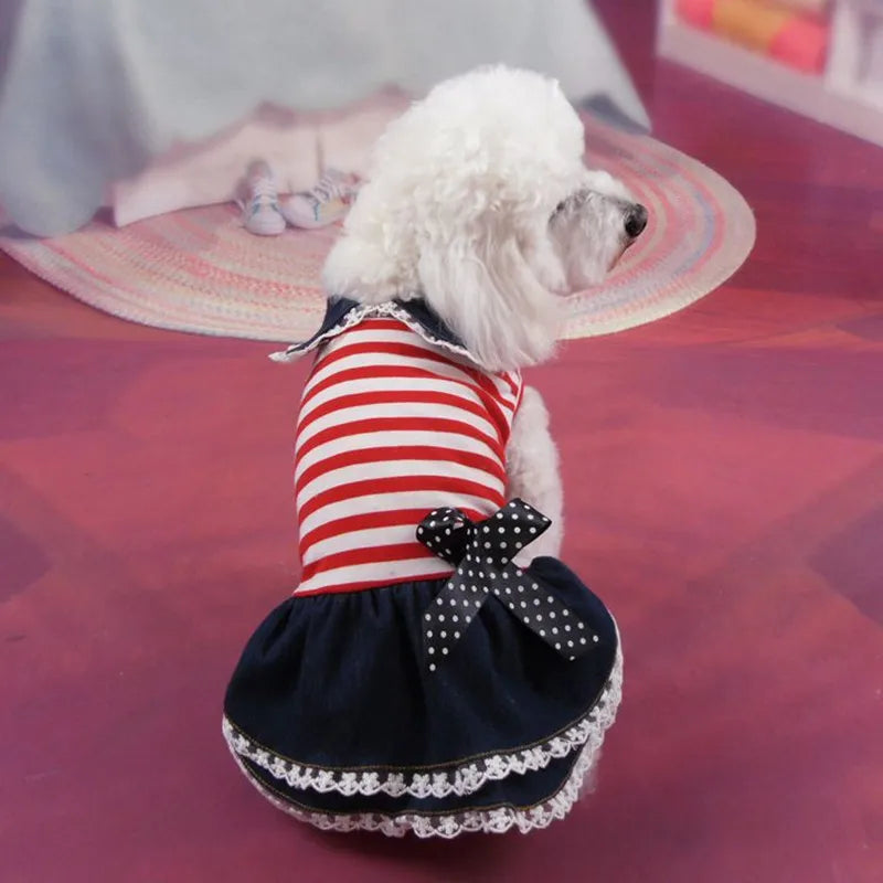 Puppy Dog Pet Stripe Costume Princess Dress Lace Pleated Lapel Stripe Bownot Princess Dress Denim Skirt XS-L Pet Supplies