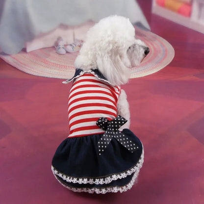 Puppy Dog Pet Stripe Costume Princess Dress Lace Pleated Lapel Stripe Bownot Princess Dress Denim Skirt XS-L Pet Supplies