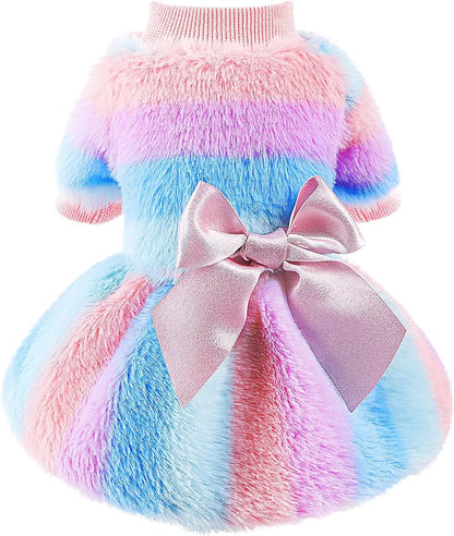 Rainbow Stripe Plush Princess Dog Dress for Small Dogs Girl Winter Puppy Cat Sweater Clothes Warm Fleece Pet Dress Bowknot Skirt