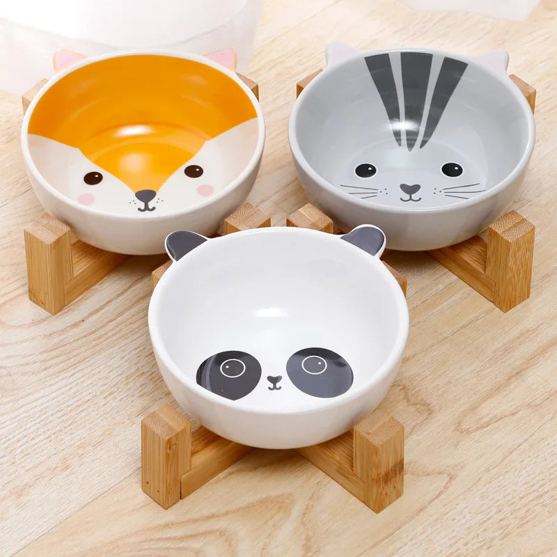 Ceramic Dog Bowl Raised Round Dog Cat Bowl No Spill Pet Dish for Food Water Feeding Cute Cartoon Printed Pet Dog Elevated Dish