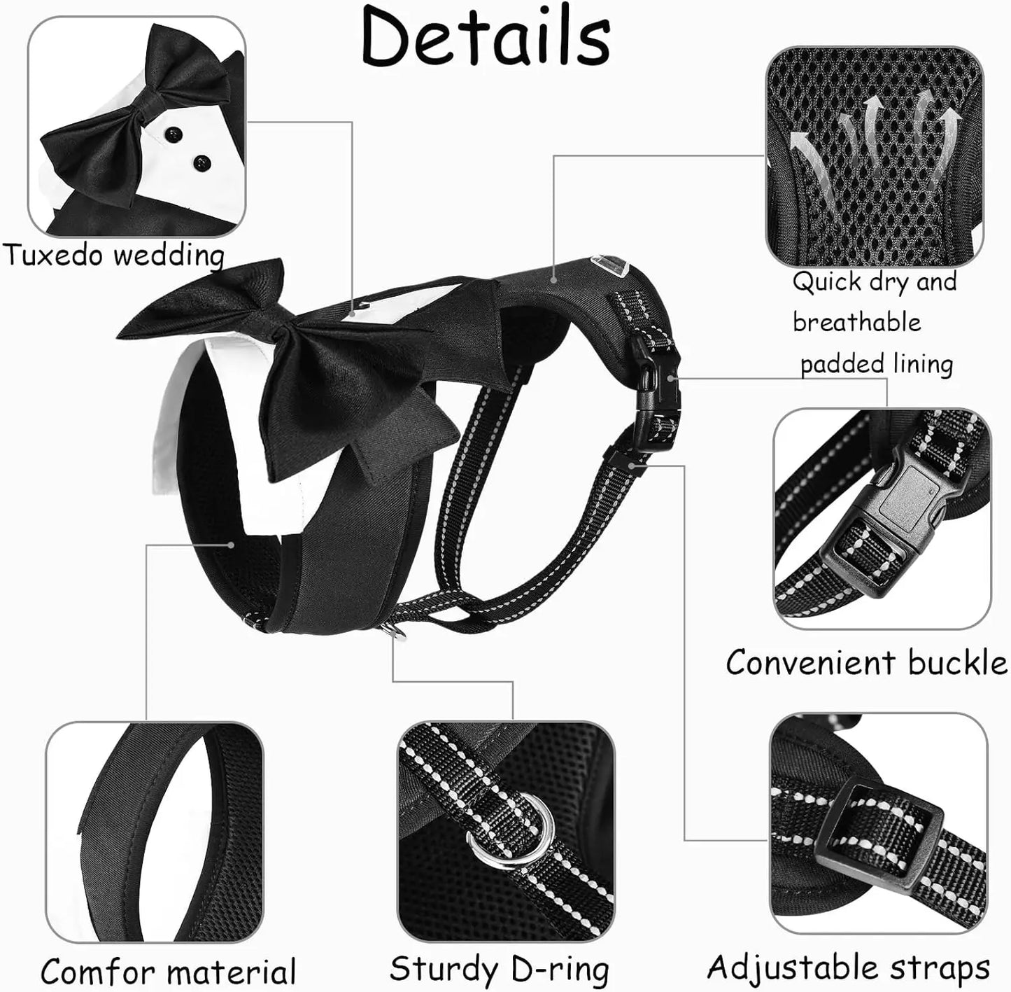 Dog Tuxedo Harness Breathable Engagement Birthday Valentines Costume Adjustable Bow Tie Pet Vest Harness for Small Medium Dogs