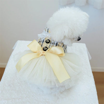 Yellow Ribbon Dresses for Dogs Sweet Dream Princess Autumn Pet Skirt French Bulldog Overalls Lattice Yellow Warm Cat Clothing
