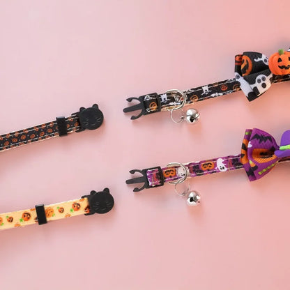 Bow Knot Halloween Pet Dog Collar Pumpkin Witch Hat Adjustable Neck Accessories for Cats Safety Buckle Decorate Pet Necklace