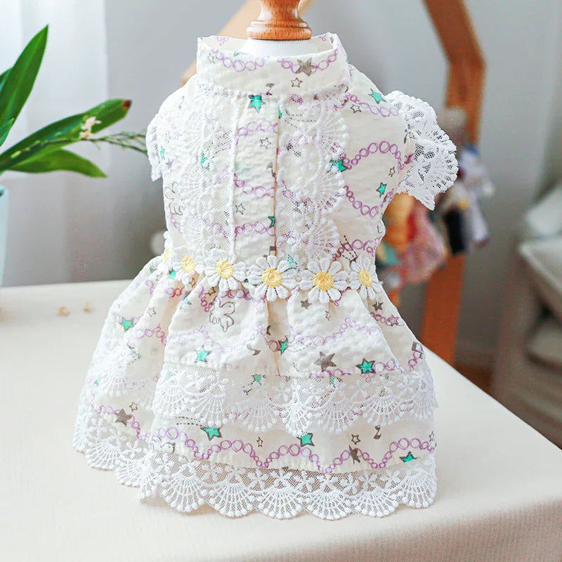 Floral Summer Clothes for Small Dogs Short Sleeve Lace Pink Sphinx Cat Dresses Princess Party Wear Breathable Pet Clothing