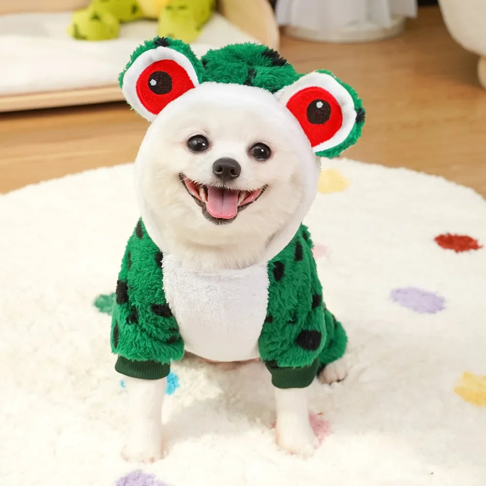 Pet Frog Costumes for Party Funny Small Dog Cat Cosplay Coat Hoodie Outfits Warm Winter Fleece Puppy Clothes Chihuahua Jumpsuit
