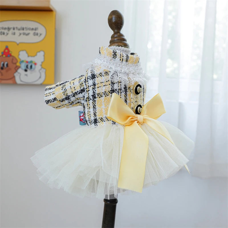Yellow Ribbon Dresses for Dogs Sweet Dream Princess Autumn Pet Skirt French Bulldog Overalls Lattice Yellow Warm Cat Clothing