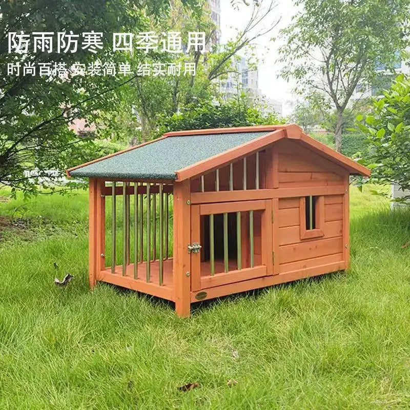 IGH Dog House Outdoor Rainproof Dog Villa Wooden Kennel Small to Medium Kennel Stainless Steel Fence Cat Cage Outdoor Dog