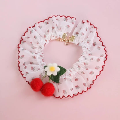 Red Pink Cherry Dog Collar for Chihuahua York Lace Floral Birthday Kitten Necklace Romantic Princess Pet Cat Neck Accessories