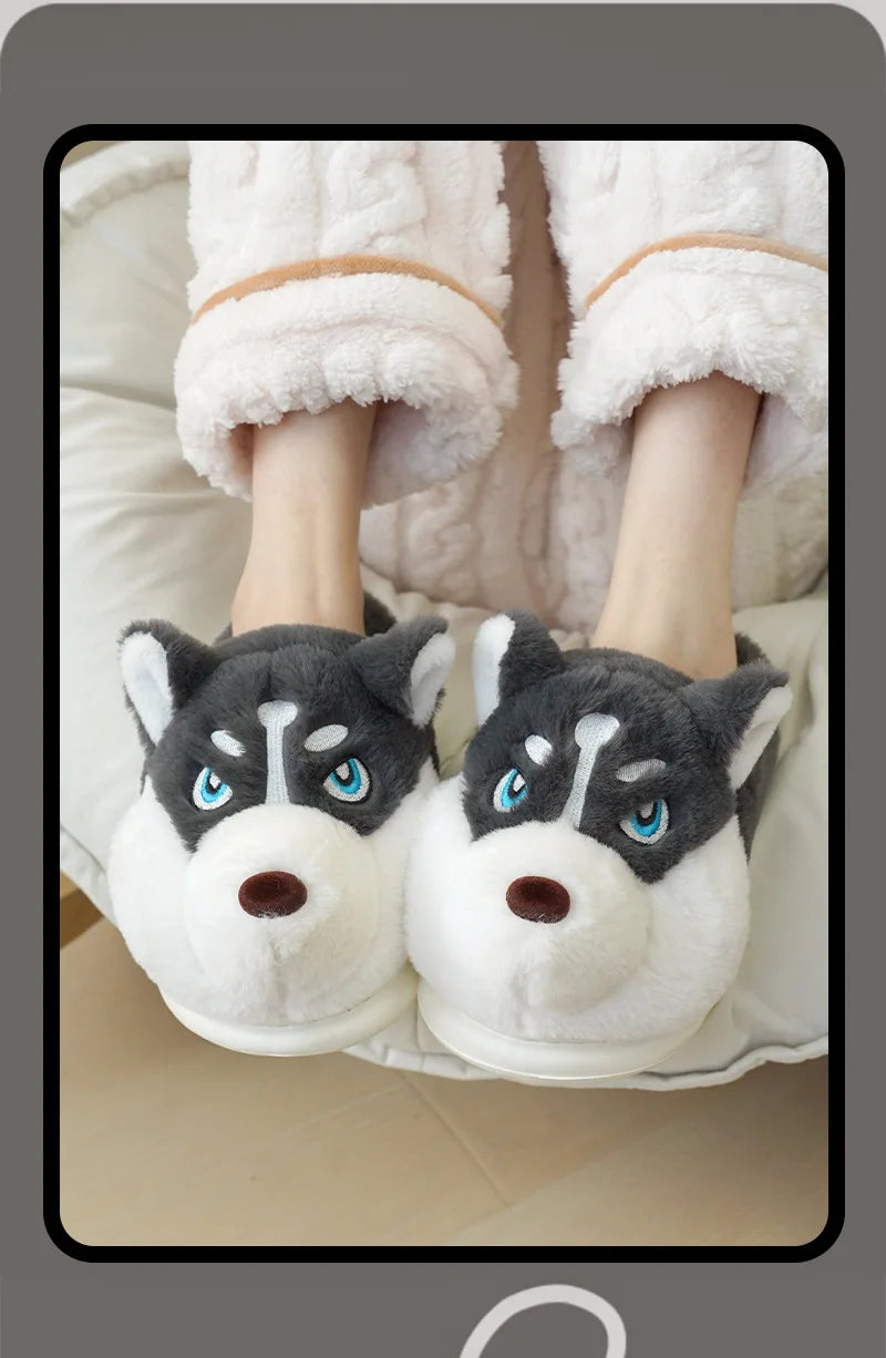 Winter Home Couple Shoes Women's Fluffy Dog Slippers Girl Animal Fur Slides Kawaii Funny Furry Shoes Woman Plush Booties Slipper