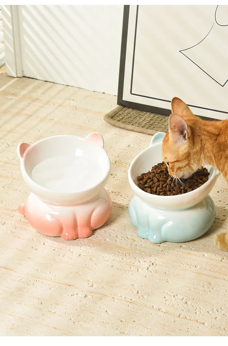 Cat Bowl Ceramic High Foot Diagonal Mouth Neck Protection Cat Food Bowl Large Diameter Drinking Bowl Anti Overturning Cat Food B
