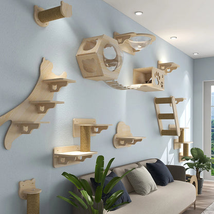 Cat Hammock Set Wall Mounted Cat Climbing Wooden Shelves and Jumping Platform Scratching Post for Cat Playing and Sleeping