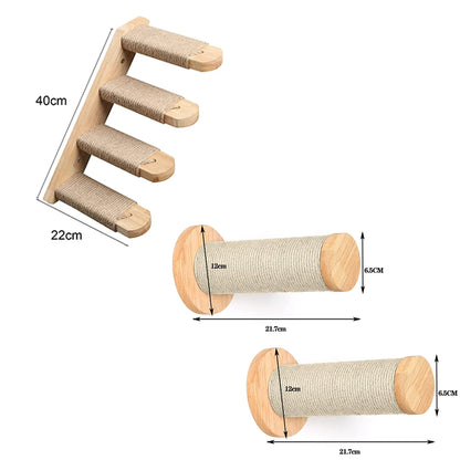 Wall Mounted Climbing Shelf Cat Tree 4 Steps Stairway with Cat Hammock Scratching Post for Sleeping Playing and Grinding Claw