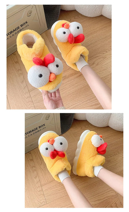 Women New Cute Cartoon Indoor Slippers Female Funny Yellow Chicken Winter Warm Fluffy Shoes Couples Home Floor Cotton Slippers