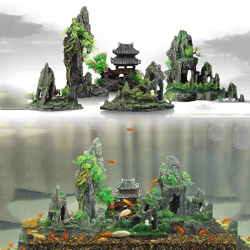 Resin Aquarium Rockery Mountain Decoration Artificial View Rock Cave Stone Tree Fish Tank Ornament Pet Supplies Home Decor