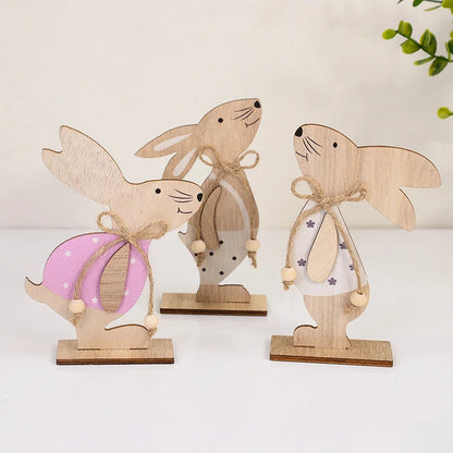 2025 Easter Wooden Rabbit Ornaments Standing Bunny with Flower for Spring Easter Party Home Table Decoration DIY Crafts Supplies