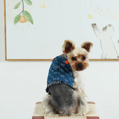 New Dog Harness and Leash Set for Small Dogs, Dark Wash Denim Puppy Dog Vest Harness Tassels Pet Jeans Butterfly Harness